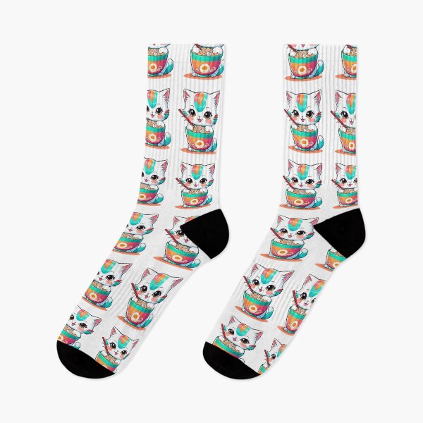Aperçu de l'œuvre Chat mignon Kawaii mangeant des ramen créée et vendue par ColorFlick.