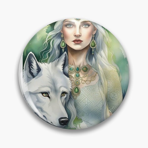 Artikelvorschau, Feenfrau mit weißem Wolf mit Tiara und Schmuck, keltische Symbolik entworfen und verkauft von Creativesphotos.