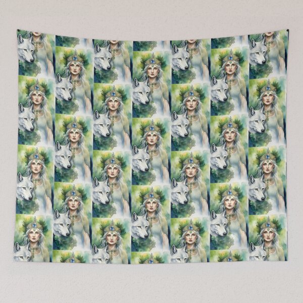 Item preview, fairy woman with white wolf with tiara and jewelry, Celtic symbolism designed and sold by Creativesphotos.