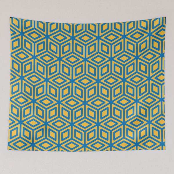 Item preview, Yellow Blue Geometric Hexagons Cubes Squares Mesh Connected Lines Classical Honeycomb Pattern designed and sold by PenguinForests.