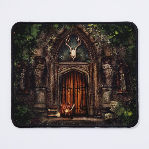 Item preview, Dark Academia Art: The Acolyte :Fox Spirit In front of an overgrown gothic chapel designed and sold by Monica Laipple.