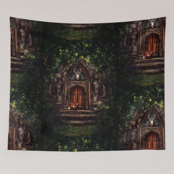 Item preview, Dark Academia Art: The Acolyte :Fox Spirit In front of an overgrown gothic chapel designed and sold by Monica Laipple.