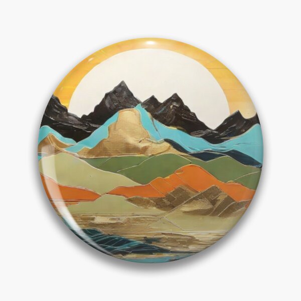 Item preview, Abstract landscape featuring a Retro Mountain Sunset with blue, gold, teal, green, water and orange designed and sold by SuraSu.