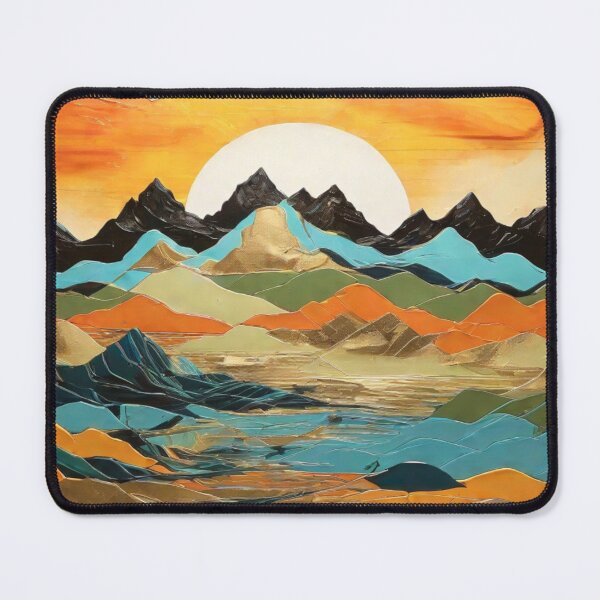 Artikelvorschau, Abstrakte Landschaft mit einem Retro-Bergsonnenuntergang mit Blau, Gold, Blaugrün, Grün, Wasser und Orange entworfen und verkauft von SuraSu.