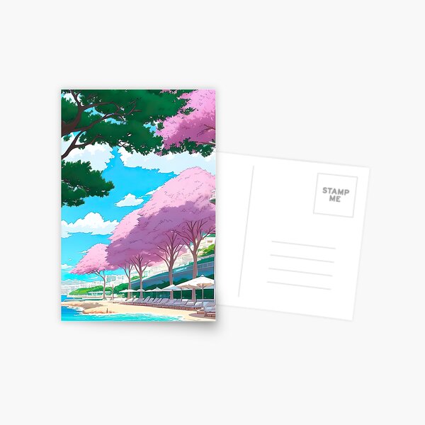 Beach Vacation Resort Umbrella Lounge Chairs Pink Trees Teal Ocean Postcard