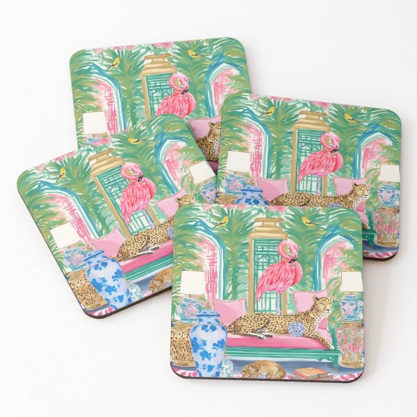 Item preview, Cheetah and pink flamingo in preppy chinoiserie interior designed and sold by SophieClimaArt.