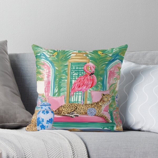 Item preview, Cheetah and pink flamingo in preppy chinoiserie interior designed and sold by SophieClimaArt.