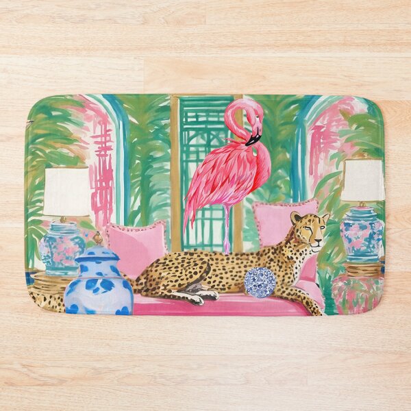 Item preview, Cheetah and pink flamingo in preppy chinoiserie interior designed and sold by SophieClimaArt.