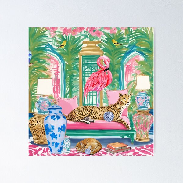 Artikel-Vorschau von Gepard und rosa Flamingo im adretten Chinoiserie-Interieur, designt und verkauft von SophieClimaArt.