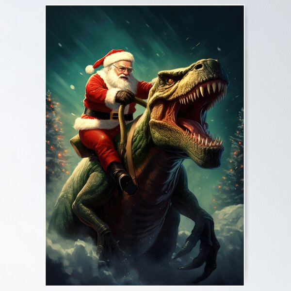 Item preview, Santa Claus Riding a T-Rex Dinosaur at Christmas designed and sold by OddCorro.