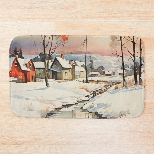Item preview, Watercolour Winter Rustic Scene of a Village upon a River designed and sold by AgathaZolastore.