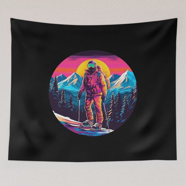 Item preview, 80's Neon Synthwave Snow Skier in Mountains designed and sold by meganohm.