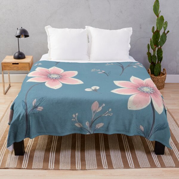 Artikelvorschau, Hellrosa Blumen, blaues Hintergrundmuster entworfen und verkauft von zanydoodles.