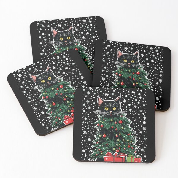 Item preview, funny black cat pushing christmas tree designed and sold by Batiz.
