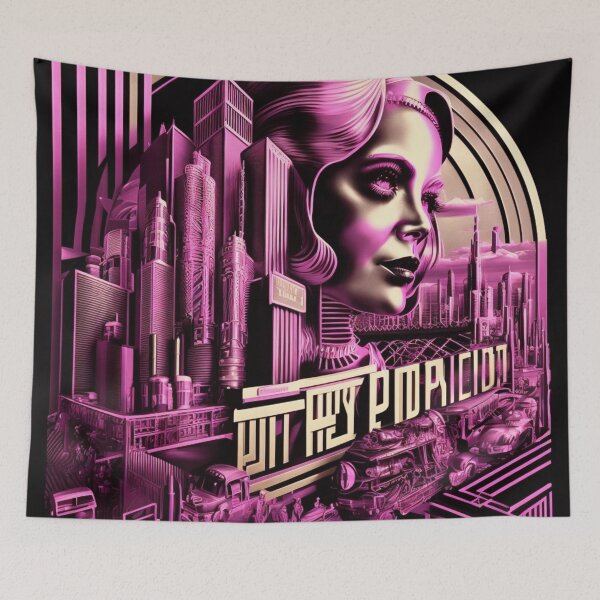 Artikelvorschau, Metropole City Futuristisch Gesicht Cinema Kino Lichtspiele Film pink schwarz gold beige entworfen und verkauft von G-M-Designs.