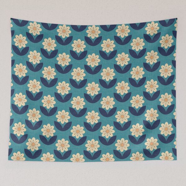 Item preview, geometric mid-century modern 60s retro blue daisies designed and sold by chiara-de-david.