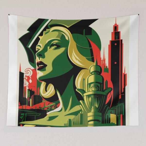 Artikelvorschau, Metropole City Futuristisch Gesicht Cinema Kino Lichtspiele Film grün schwarz rot beige entworfen und verkauft von G-M-Designs.