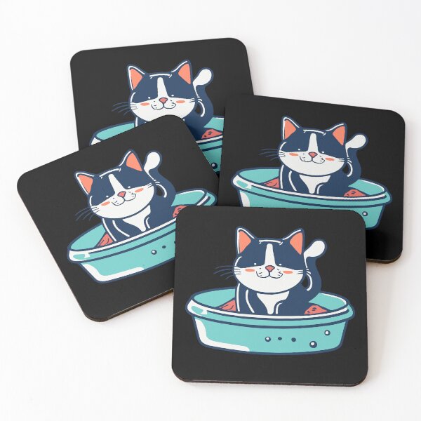 Item preview, cute and smiley black cat sitting in its cat litter box designed and sold by The  Knick Knack Nook.