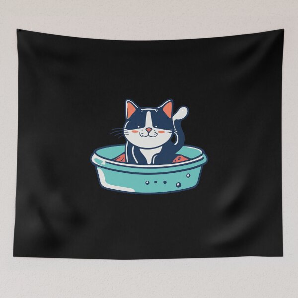 Item preview, cute and smiley black cat sitting in its cat litter box designed and sold by The  Knick Knack Nook.