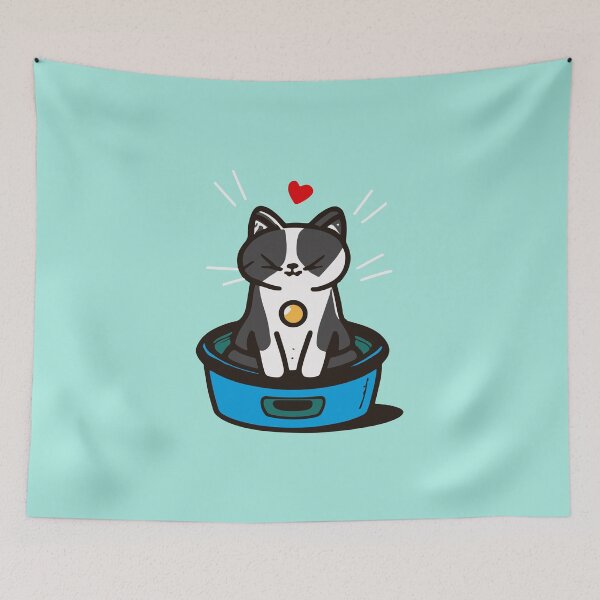 Item preview, cute and smiley black cat sitting in its cat litter box designed and sold by The  Knick Knack Nook.