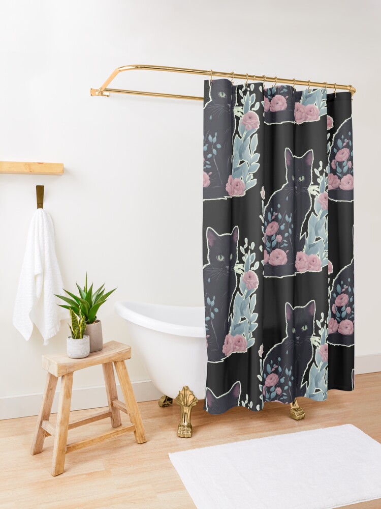 Disover black Cat with flowers floral Cat Shower Curtain