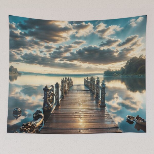 Item preview, a blue sky and a dock on a lake designed and sold by mikaws.