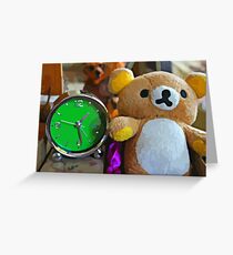 Cute Green Clock Time with Brown Teddy Bear. Animal, Cartoon, Art, Child, Fun. Greeting Card