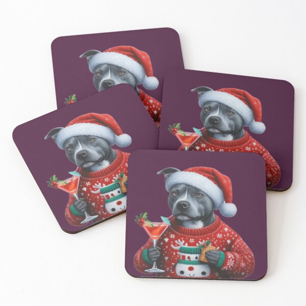 Item preview, Staffie azul con un cóctel navideño designed and sold by barksandsqueaks.