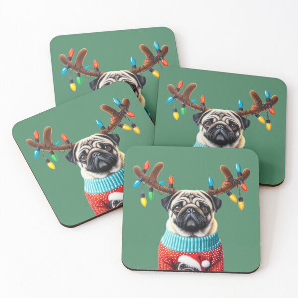 Item preview, Cute Christmas Pug in Antlers and Lights designed and sold by barksandsqueaks.