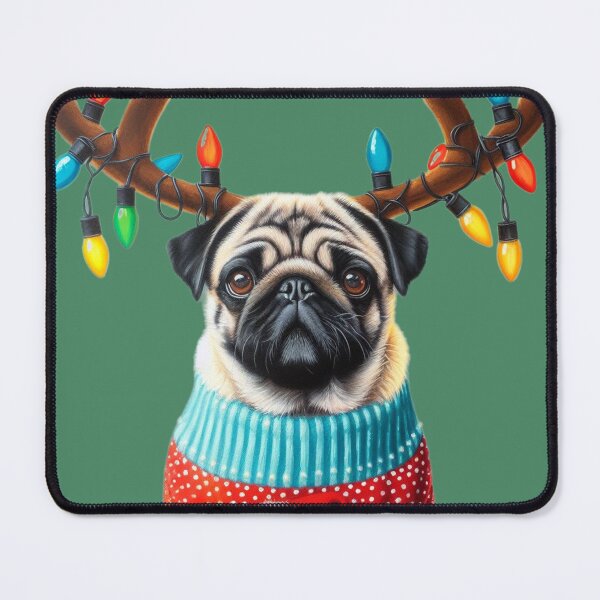Item preview, Cute Christmas Pug in Antlers and Lights designed and sold by barksandsqueaks.