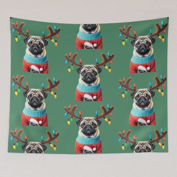 Item preview, Cute Christmas Pug in Antlers and Lights designed and sold by barksandsqueaks.