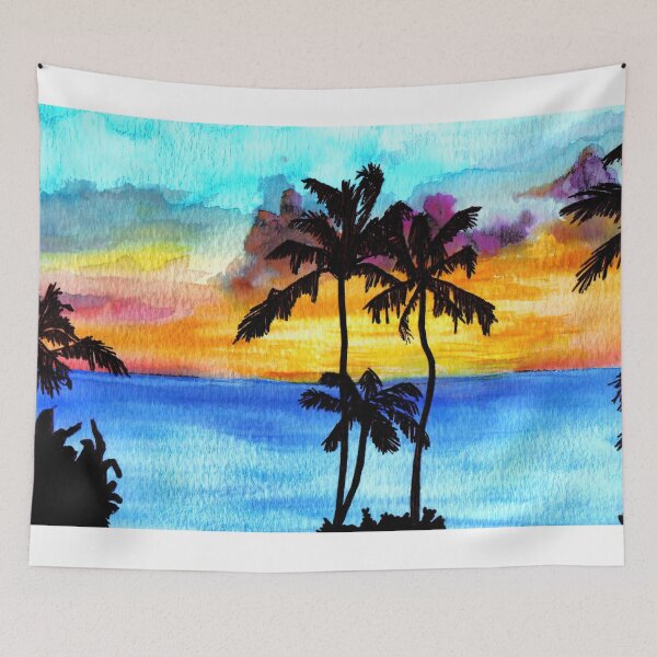 Item preview, watercolor sunset on the sea with palm trees designed and sold by Kikysart.
