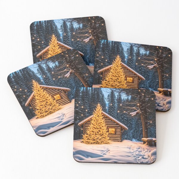 Item preview, Lighted yule tree and rustic cabin in the snow designed and sold by Earth Nature Creations.