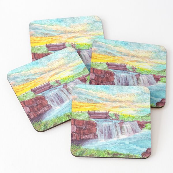 Item preview, sunrise waterfall watercolor designed and sold by Kikysart.
