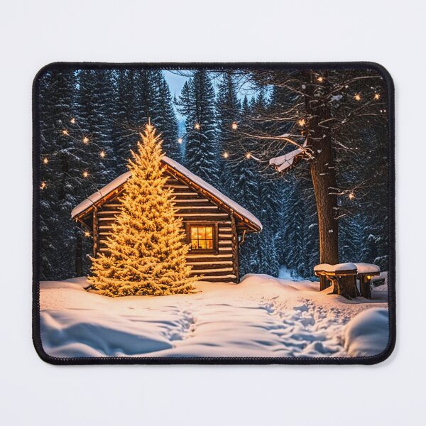 Item preview, Lighted yule tree and rustic cabin in the snow designed and sold by Earth Nature Creations.