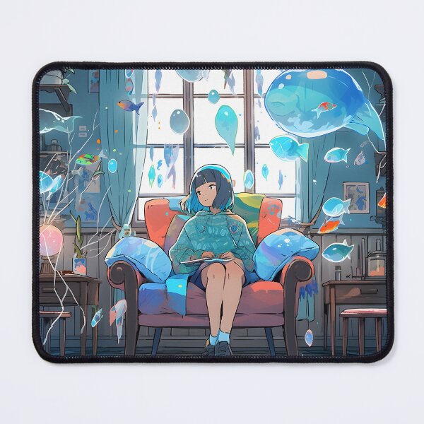 Item preview, Anime girl reading in a room with fish floating by art designed and sold by TheArtistOf2022.