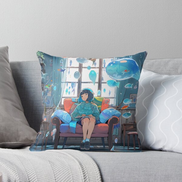 Item preview, Anime girl reading in a room with fish floating by art designed and sold by TheArtistOf2022.