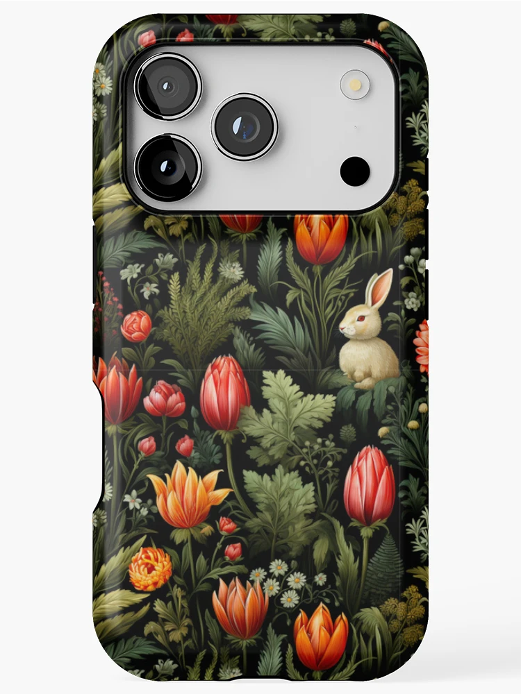 Thumbnail 1 of 4, iPhone Case, A Rabbit In The Garden Dark Floral Print designed and sold by FoxTreeDesign.
