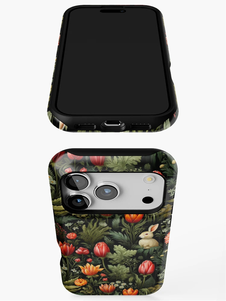 Thumbnail 3 of 4, iPhone Case, A Rabbit In The Garden Dark Floral Print designed and sold by FoxTreeDesign.