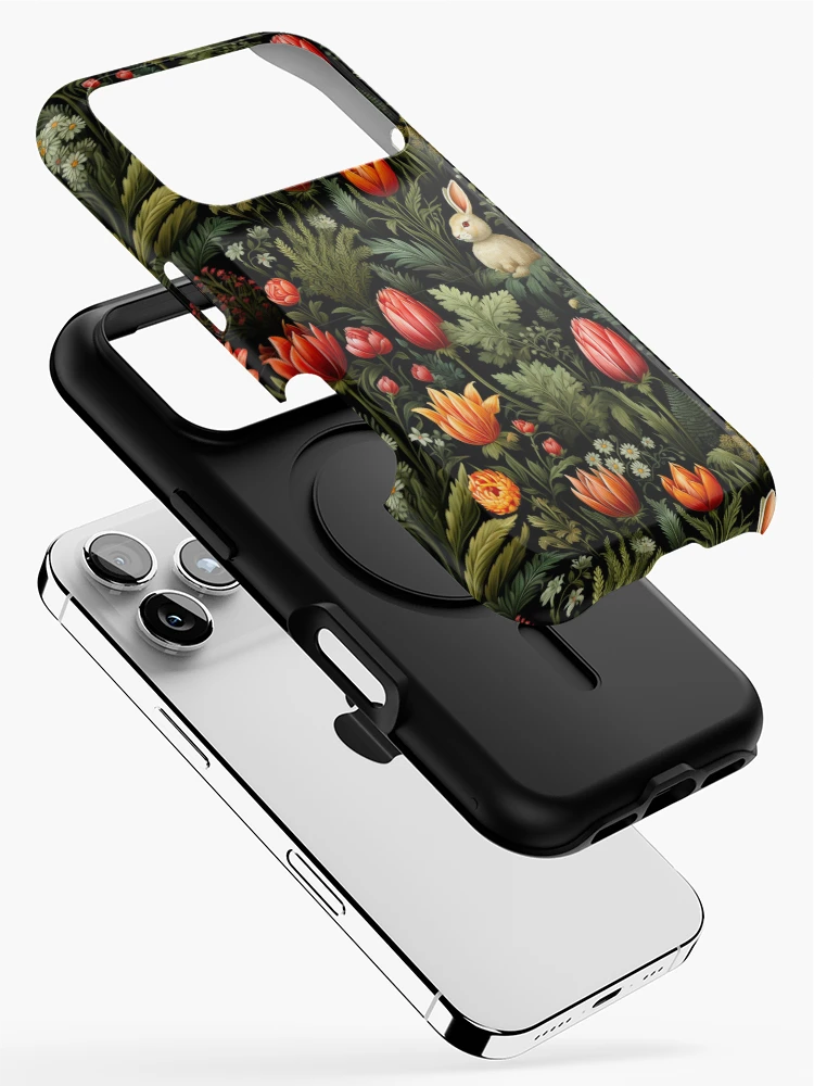 Thumbnail 2 of 4, iPhone Case, A Rabbit In The Garden Dark Floral Print designed and sold by FoxTreeDesign.