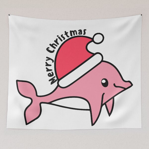 Item preview, river pink dolphin wearing a christmas santa hat and surrounded by ornament lights designed and sold by The  Knick Knack Nook.