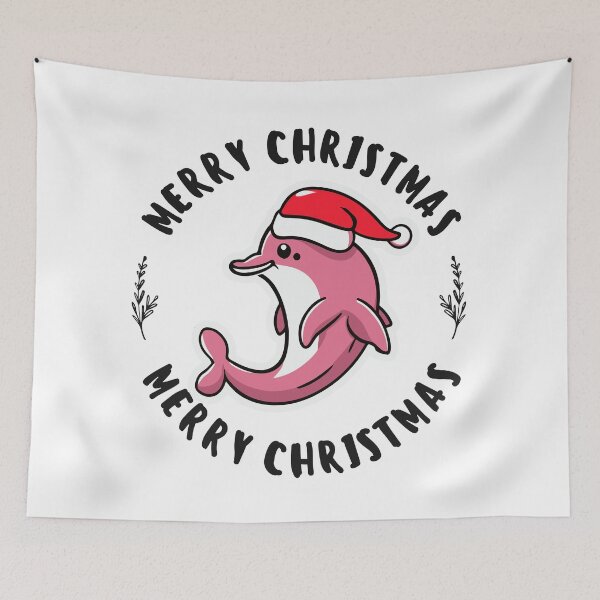 Item preview, river pink dolphin wearing a santa hat and surrounded by ornament lights designed and sold by The  Knick Knack Nook.