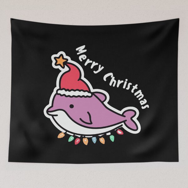 Item preview, river pink dolphin wearing a santa hat and surrounded by ornament lights designed and sold by The  Knick Knack Nook.