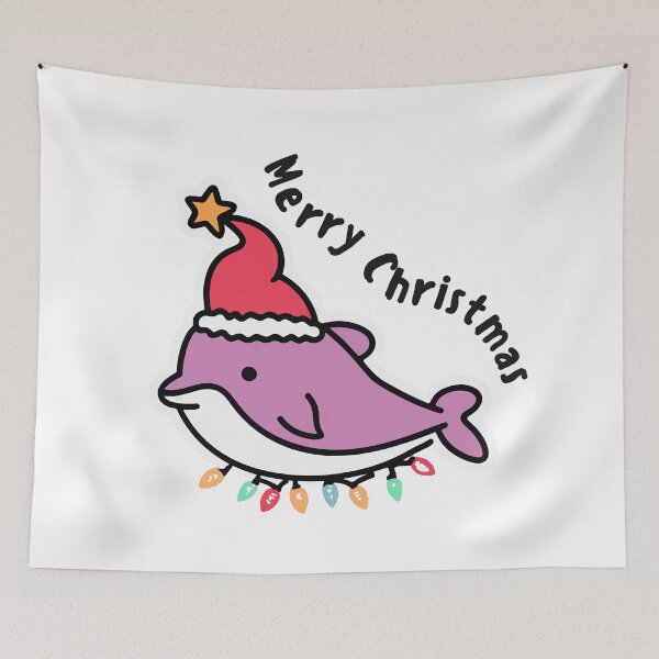 Item preview, river pink dolphin wearing a santa hat and surrounded by ornament lights designed and sold by The  Knick Knack Nook.