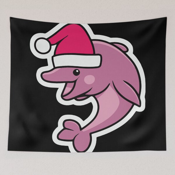 Item preview, river pink dolphin wearing a santa hat and surrounded by ornament lights designed and sold by The  Knick Knack Nook.