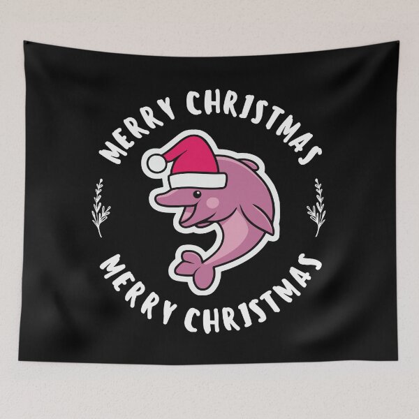 Item preview, river pink dolphin wearing a santa hat and surrounded by ornament lights designed and sold by The  Knick Knack Nook.