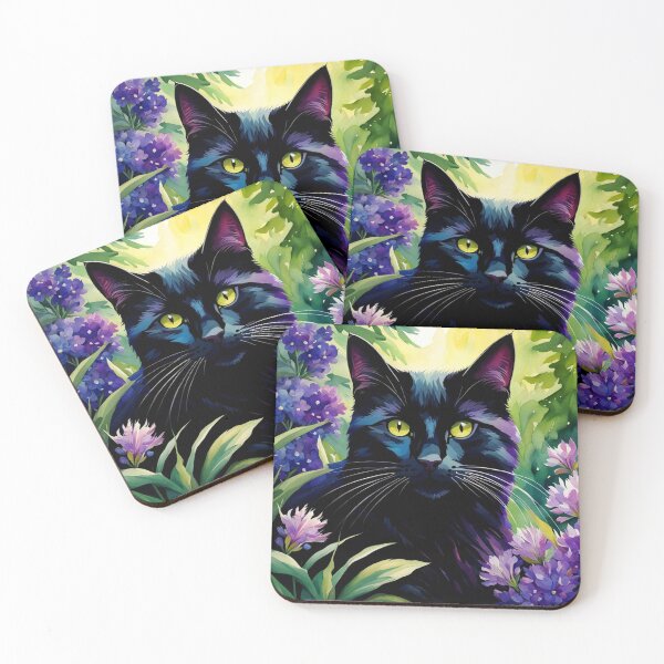Item preview, Watercolor black cat with purple flowers designed and sold by RiverAquarius.