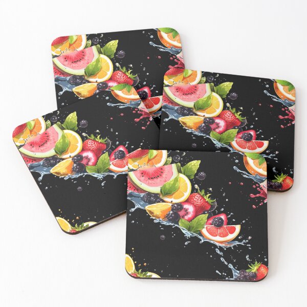 Item preview, "Cascading Fruit Symphony" – Fruit patterns on water, black canvas designed and sold by WhiteWolfe0127.