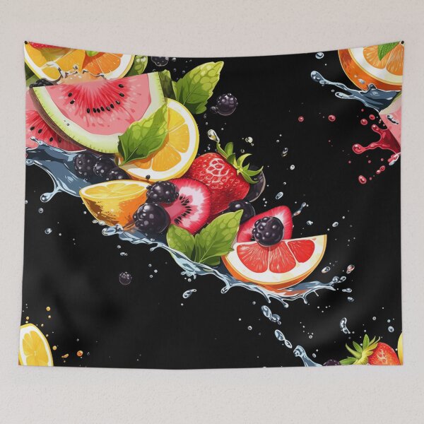 Item preview, "Cascading Fruit Symphony" – Fruit patterns on water, black canvas designed and sold by WhiteWolfe0127.