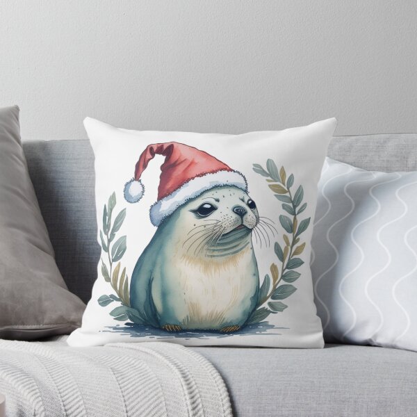 Item preview, Cute Christmas seal in Santa's hat in floral wreath - watercolor retro portrait. designed and sold by SaraSumi.
